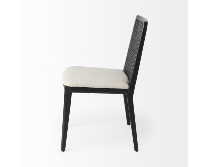 Mercana Clara Armless Dining Chair with Cream Fabric Seat and Cane Back - Black