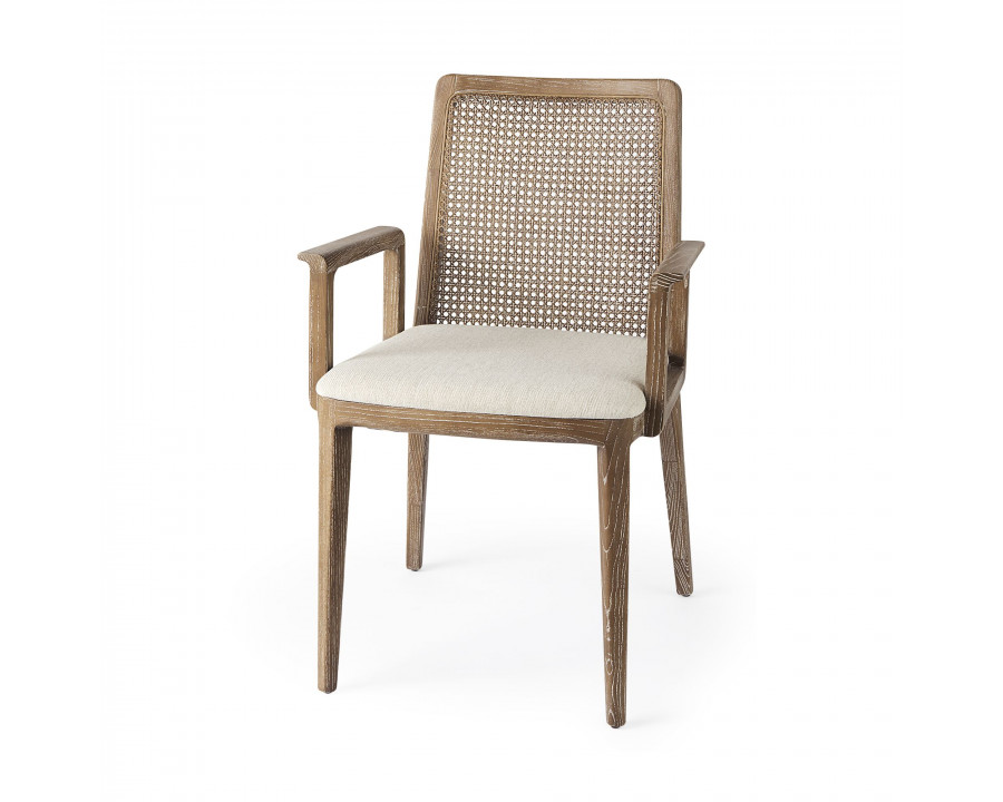 Mercana Clara Square Arms Dining Chair with Cream Fabric Seat and Cane Back - Light Brown