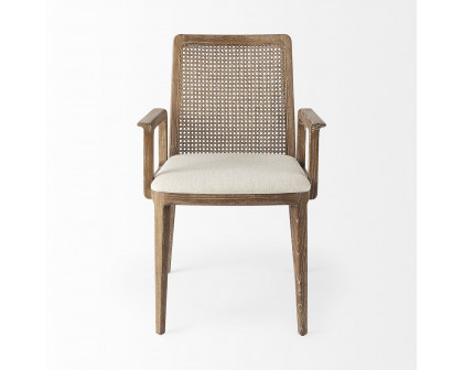 Mercana Clara Square Arms Dining Chair with Cream Fabric Seat and Cane Back - Light Brown