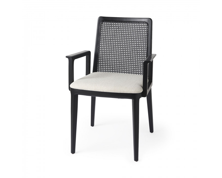 Mercana Clara Square Arms Dining Chair with Cream Fabric Seat and Cane Back - Black