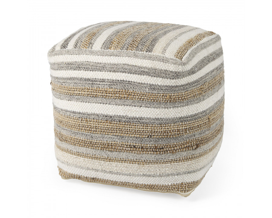 Mercana - Aahana White/Taupe/Gray Striped Hemp and Cotton Pouf