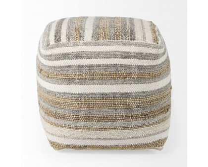 Mercana - Aahana White/Taupe/Gray Striped Hemp and Cotton Pouf