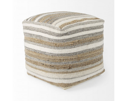 Mercana - Aahana White/Taupe/Gray Striped Hemp and Cotton Pouf