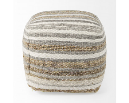 Mercana - Aahana White/Taupe/Gray Striped Hemp and Cotton Pouf