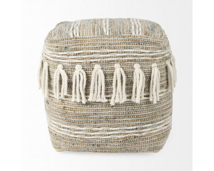 Mercana - Avni Cream/Brown Hemp and Wool Fringed Pouf