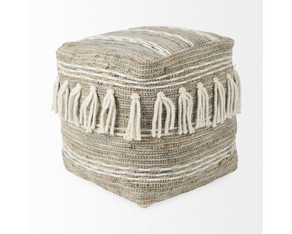 Mercana - Avni Cream/Brown Hemp and Wool Fringed Pouf