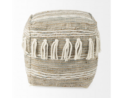 Mercana - Avni Cream/Brown Hemp and Wool Fringed Pouf