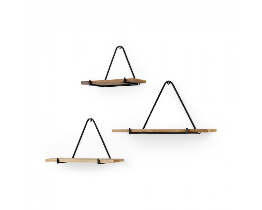 Mercana - Khufu Brown Wood with Black Metal Triangular Hanging Shelves (Set of 3)