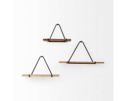 Mercana - Khufu Brown Wood with Black Metal Triangular Hanging Shelves (Set of 3)