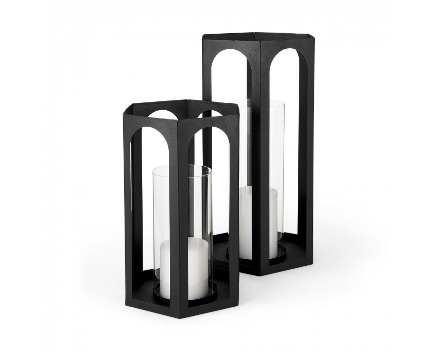 Mercana - Balley Matte Black Metal Hexagonal Candle Holder Lanterns (Set of 2)