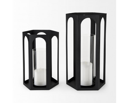 Mercana - Balley Matte Black Metal Hexagonal Candle Holder Lanterns (Set of 2)