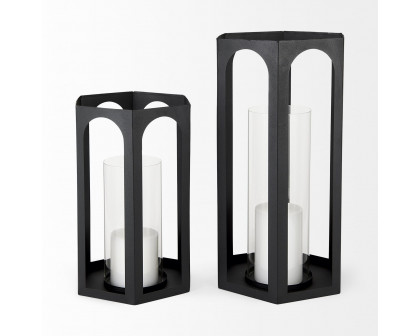 Mercana - Balley Matte Black Metal Hexagonal Candle Holder Lanterns (Set of 2)