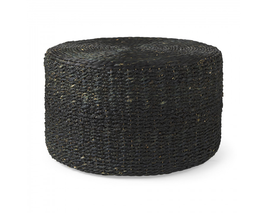 Mercana - Dina Black Cornhusk and Water Hyacinth Round Coffee Table Pouf