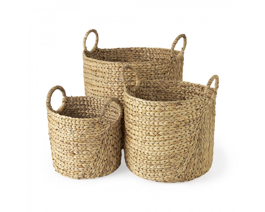 Mercana - Sivan Light Brown Water Hyacinth Round Basket/Handles (Set of 3)