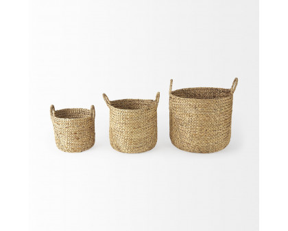 Mercana - Sivan Light Brown Water Hyacinth Round Basket/Handles (Set of 3)