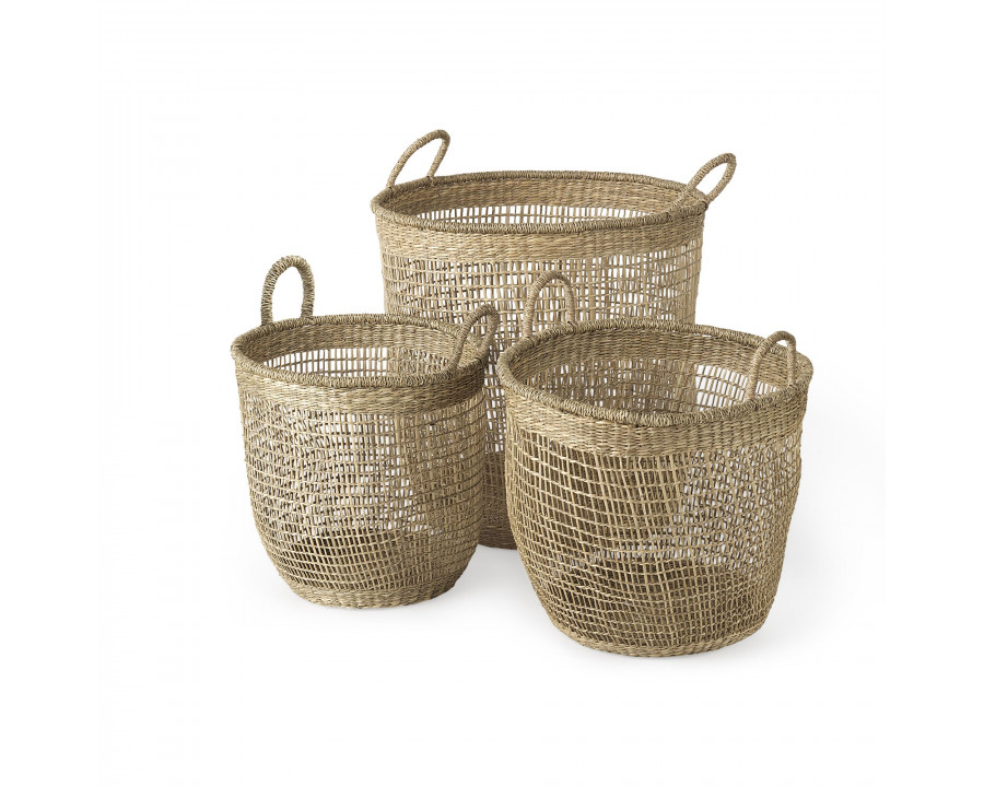 Mercana - Bowie Medium Brown Seagrass Round Basket/Handles (Set of 3)