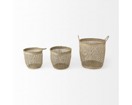 Mercana - Bowie Medium Brown Seagrass Round Basket/Handles (Set of 3)