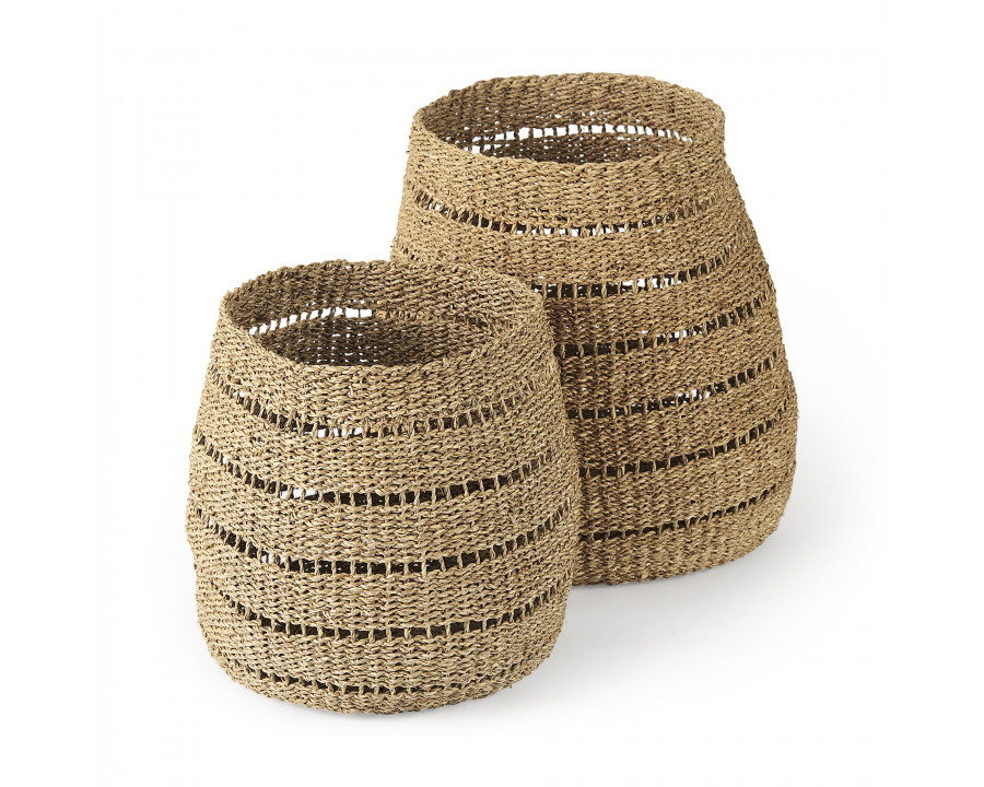 Mercana - Hayes Medium Brown Seagrass Round Basket with Stripe Pattern (Set of 2)