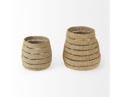 Mercana - Hayes Medium Brown Seagrass Round Basket with Stripe Pattern (Set of 2)