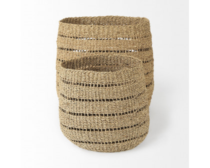 Mercana - Hayes Medium Brown Seagrass Round Basket with Stripe Pattern (Set of 2)