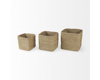 Mercana - Copenhagen Medium Brown Square Twisted Seagrass Square Basket (Set of 3)