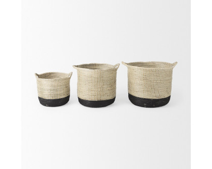 Mercana Maddie Round Basket with Black Dipped Seagrass (Set of 3) - Beige/Black