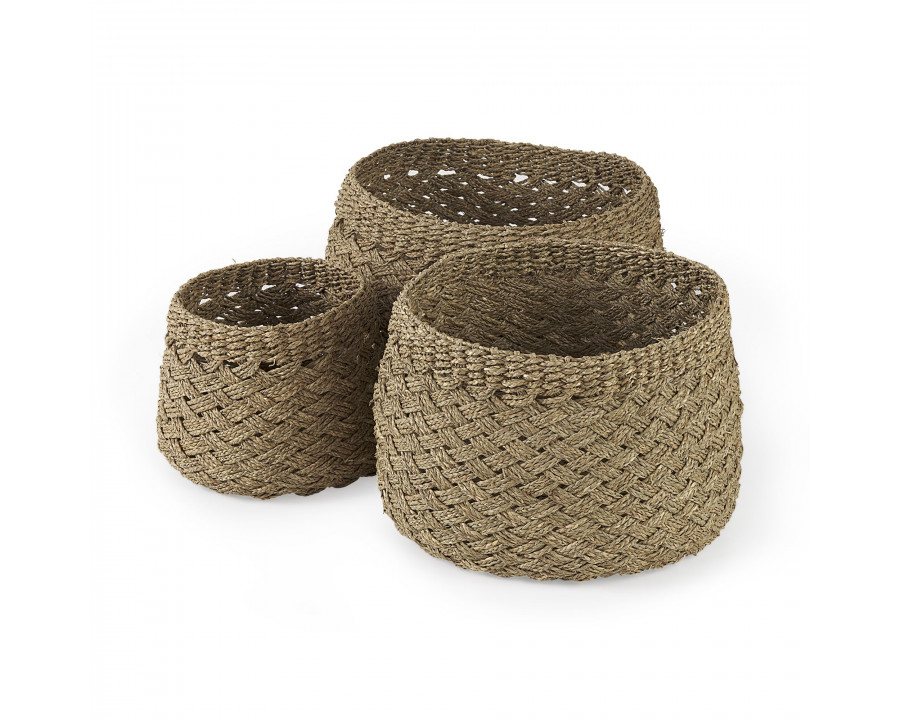 Mercana - Jarek Medium Brown Seagrass Basket Cross Weave Round Basket (Set of 3)