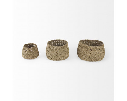 Mercana - Jarek Medium Brown Seagrass Basket Cross Weave Round Basket (Set of 3)