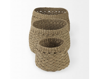 Mercana - Jarek Medium Brown Seagrass Basket Cross Weave Round Basket (Set of 3)