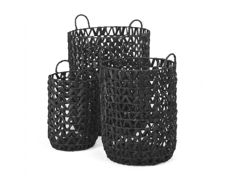 Mercana - Lola Black Water Hyacinth Zig Zag Weave Round Basket/Handles (Set of 3)