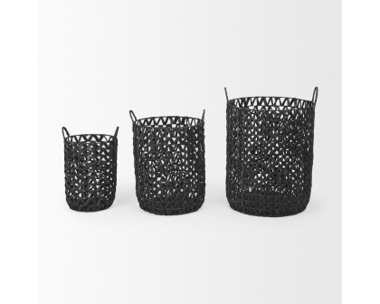 Mercana - Lola Black Water Hyacinth Zig Zag Weave Round Basket/Handles (Set of 3)