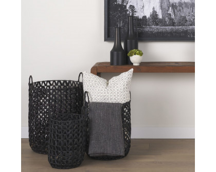 Mercana - Lola Black Water Hyacinth Zig Zag Weave Round Basket/Handles (Set of 3)