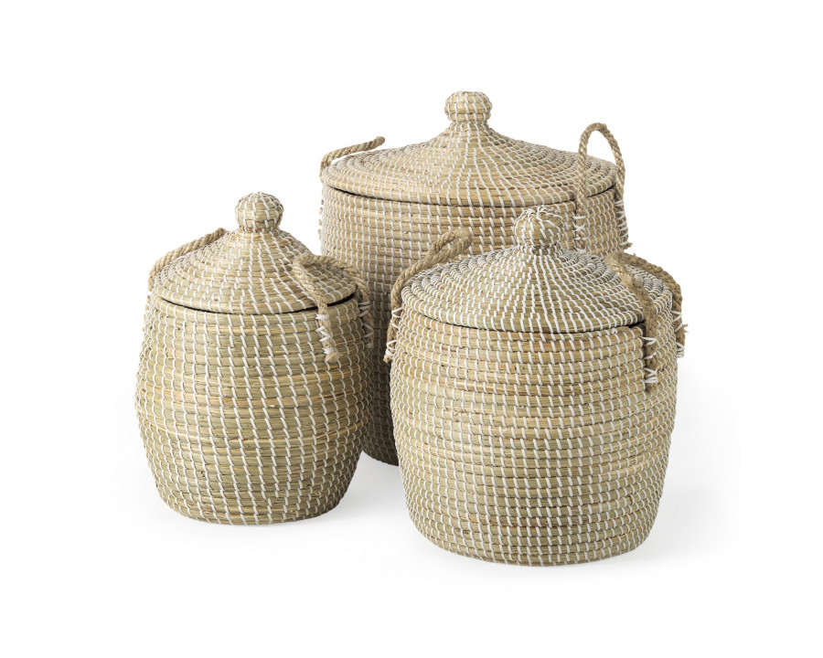 Mercana - Olivia Beige Seagrass Basket with Lid and Handles (Set of 3)