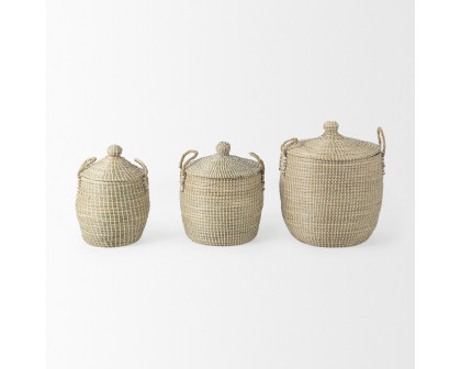 Mercana - Olivia Beige Seagrass Basket with Lid and Handles (Set of 3)