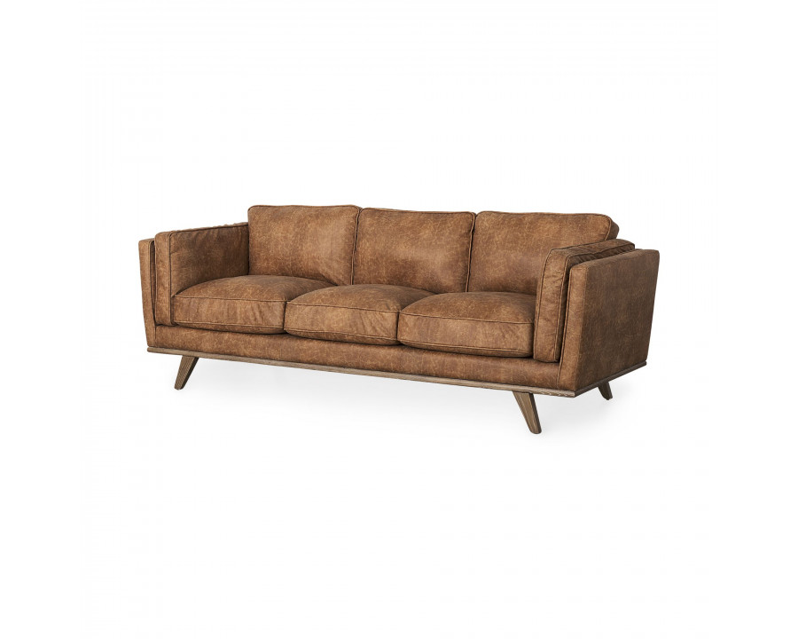 Mercana Brooks 3 Seater Sofa with Medium Brown Wooden Legs - Cognac, Faux Leather