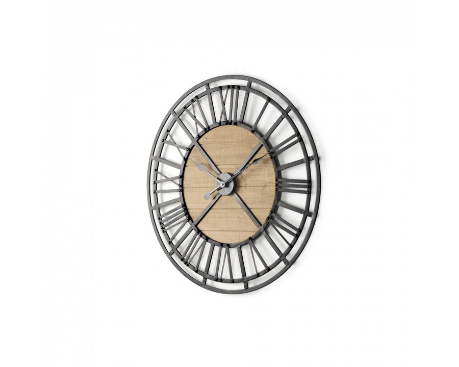 Mercana Lewiston 30" Iron/Wood Round Wall Clock - Black/Brown