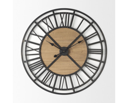 Mercana Lewiston 30" Iron/Wood Round Wall Clock - Black/Brown