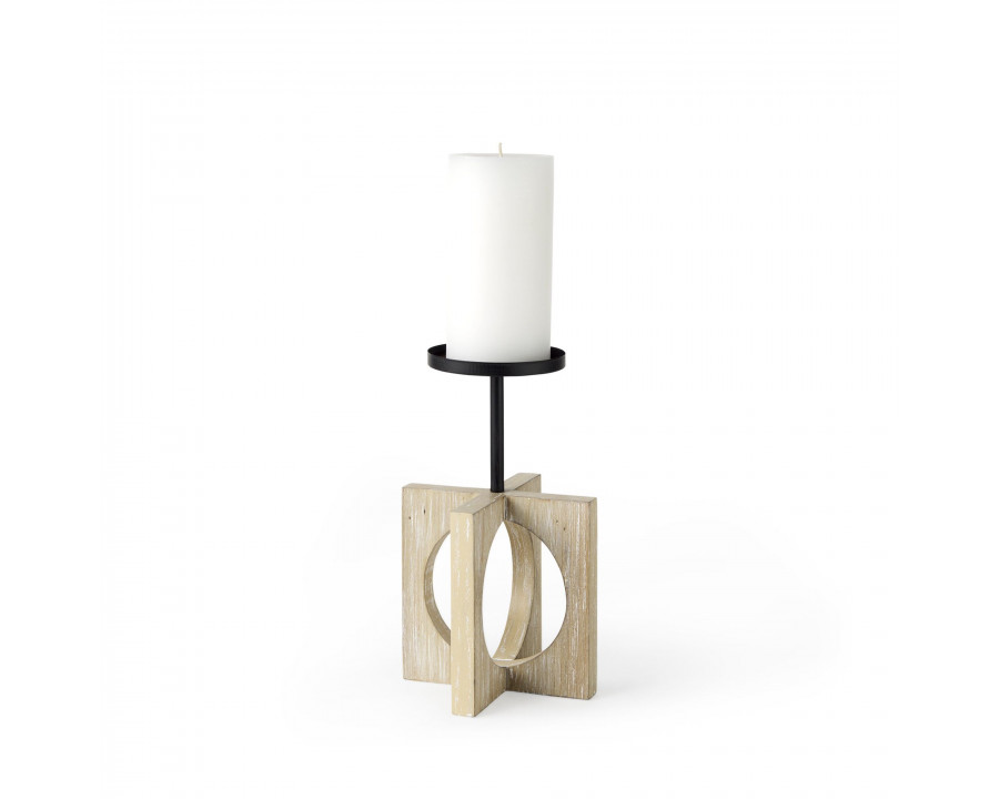 Mercana Cambie Light Brown Wood with Black Metal Small Candle Holder