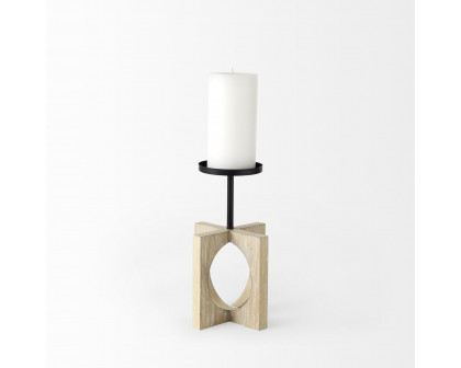 Mercana Cambie Light Brown Wood with Black Metal Small Candle Holder