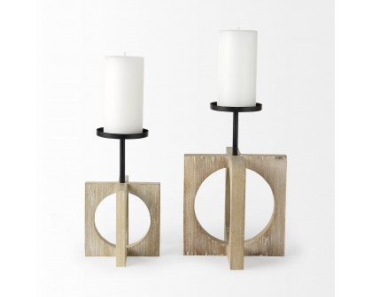 Mercana Cambie Light Brown Wood with Black Metal Small Candle Holder