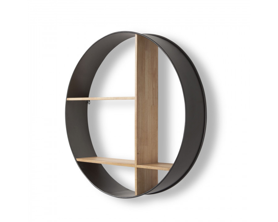 Mercana - Hector Brown Wood with Black Metal Round Wall Shelf