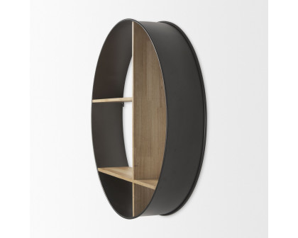 Mercana - Hector Brown Wood with Black Metal Round Wall Shelf