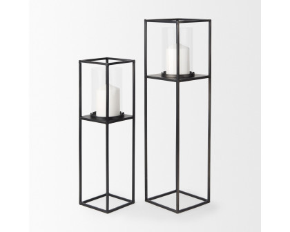 Mercana Cindy Metal and Hurricane Glass Pillar Tabletop Candle Holders (Set of 2) - Black