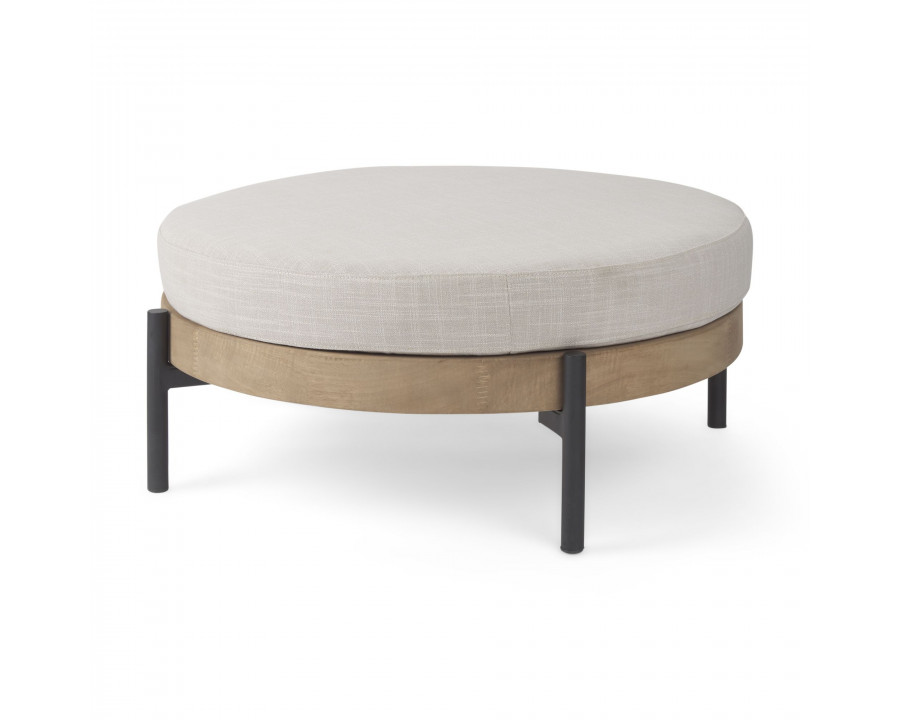 Mercana - Colburne Cream Fabric with Brown Wood Round Ottoman