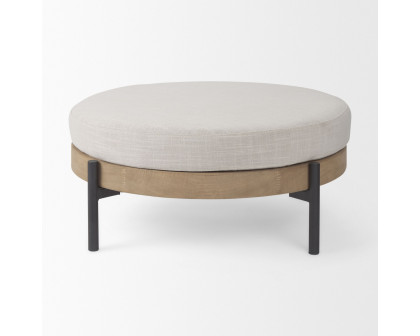 Mercana - Colburne Cream Fabric with Brown Wood Round Ottoman