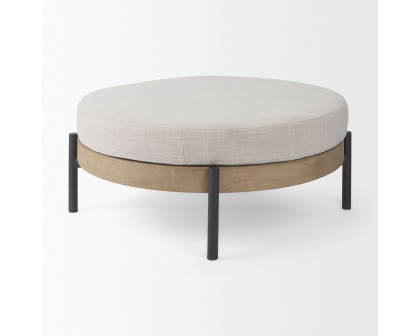 Mercana - Colburne Cream Fabric with Brown Wood Round Ottoman