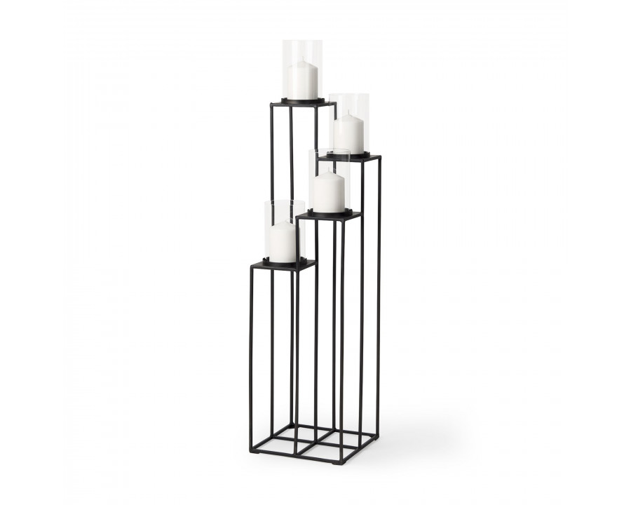 Mercana - Cindy 4-Tier Matte Black Metal with Hurricane Glass Pillar Candle Floor Lantern