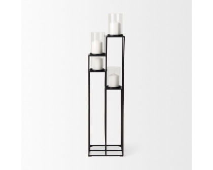 Mercana - Cindy 4-Tier Matte Black Metal with Hurricane Glass Pillar Candle Floor Lantern