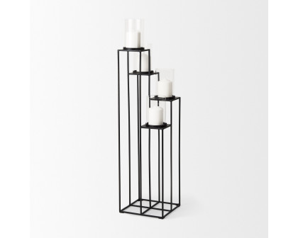 Mercana - Cindy 4-Tier Matte Black Metal with Hurricane Glass Pillar Candle Floor Lantern