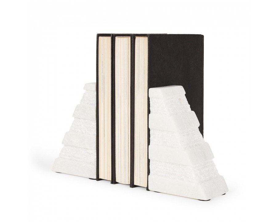 Mercana - Cavetto White Marble Bookends with Rough Carving (Set of 2)